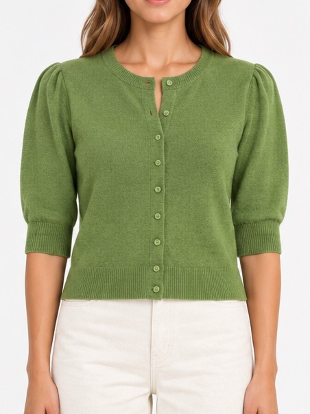 Donna Karan 100% Cashmere Green Puff Sleeve Cardigan
Knit Sweater